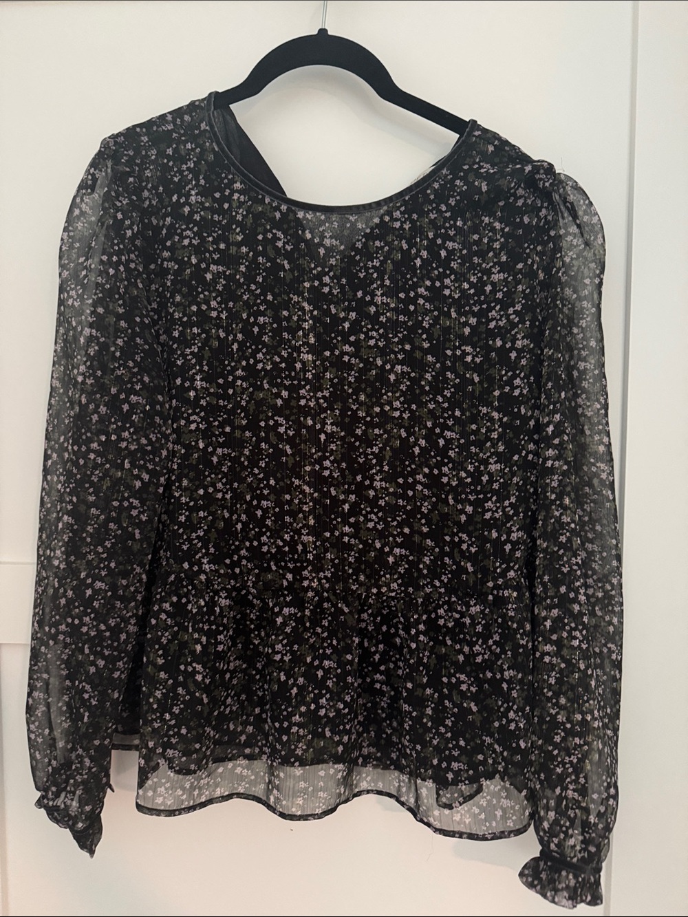 LOFT Black Sheer Floral Long-Sleeve Blouse